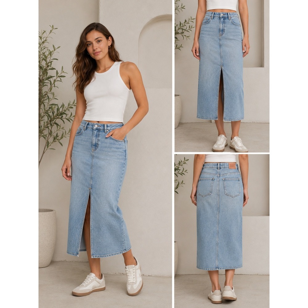 Scotch & Soda Amsterdam Light Wash Denim Midi Skirt Front Slit Size S 176370